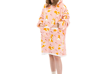 Hoodie Deken | Badjas | Deken Met Mouwen | One Size | Honden | Polyster | Roze | Bruin | Wit