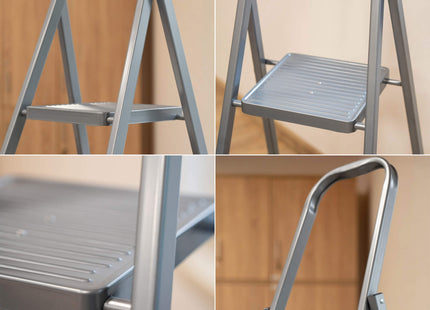 Huishoudtrap - Ladder - Keukentrapje - 4 - Etages - Antislip - Opvouwbaar - Grijs - 150 KG - Grijs
