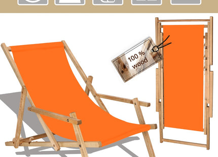 Ligbed | Strandstoel | Ligstoel | Verstelbaar | Arm Leuning | Beukenhout | Geïmpregneerd | Handgemaakt | Oranje