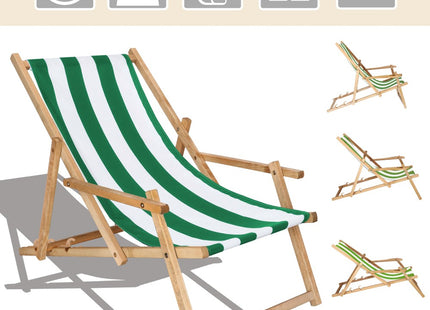 Ligbed | Strandstoel | Ligstoel | Verstelbaar | Arm Leuning | Beukenhout | Geïmpregneerd | Handgemaakt | Groen Wit