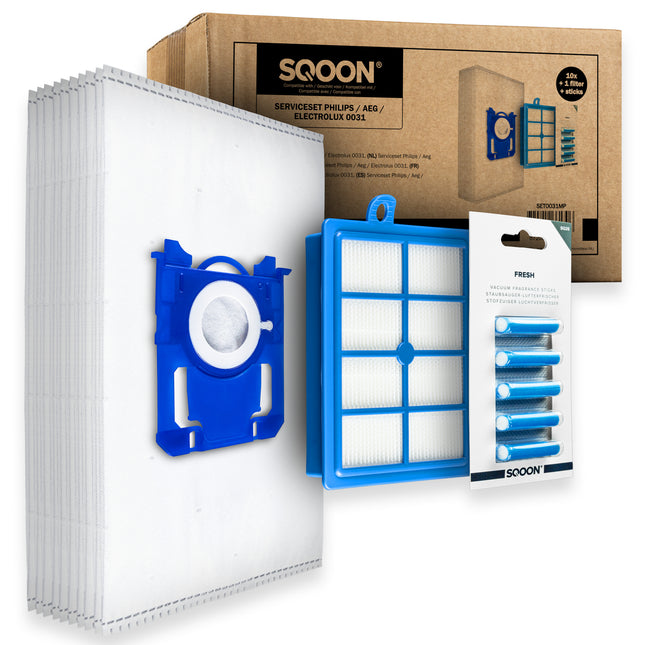 SQOON® Serviceset geschikt voor Philips, AEG, Electrolux stofzuigers - Gelijk aan model: FC8031 - Met HEPA-filter en geurstaafjes voor schone en frisse lucht tijdens het stofzuigen
