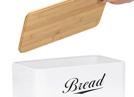 Broodtrommel Voor Op Het Aanrecht - Broodmand - Metaal - Bamboe Deksel - Wit - 30 X 23 X 13 CM