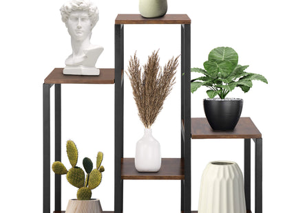 Plantenrek | Plantenstandaard | Plantentrap | 6 Niveaus | Metaal | Hout | Zwart | Donkerbruin