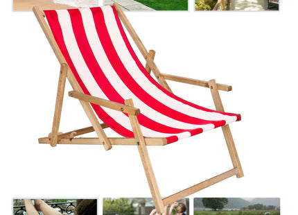 Ligbed | Strandstoel | Ligstoel | Verstelbaar | Arm Leuning | Beukenhout | Geïmpregneerd | Handgemaakt | Rood Wit