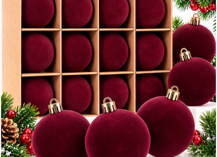 Kerstballen 12 Stuks – Bordeauxrood – Fluwelen Kerstboomversiering – Onbreekbare Kerstballen 5,5 cm – Inclusief Ophangkoorden