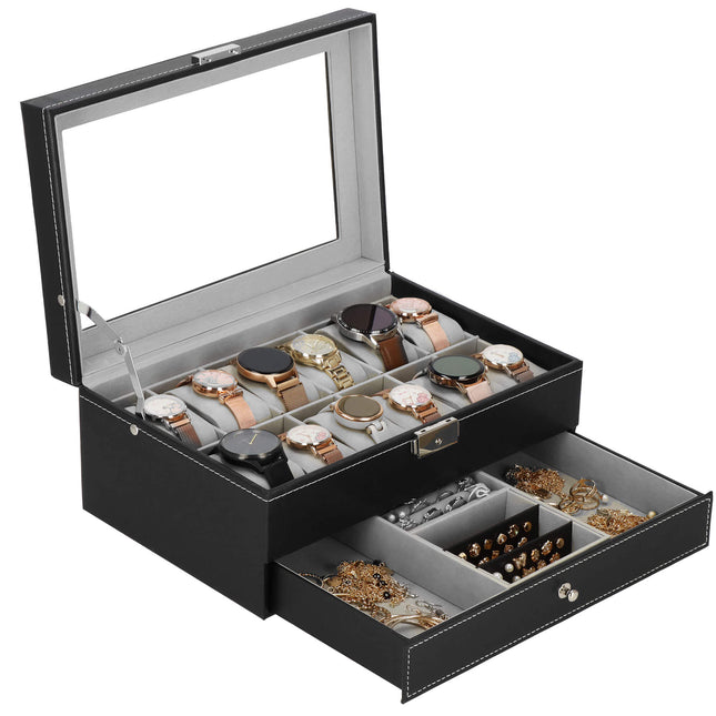 Horlogedoos -Sieradendoos - Horlogebox - Horlogeopberger - Zwart - 12 Horloges - 30x20x13 Cm