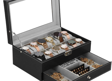 Horlogedoos -Sieradendoos - Horlogebox - Horlogeopberger - Zwart - 12 Horloges - 30x20x13 Cm
