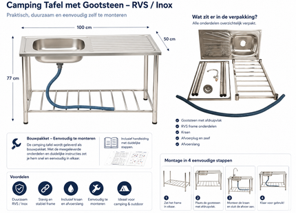 Muntel® Camping Tafel Met Gootsteen - Kraan en Wasbak– RVS - 100 x 50 x 77 cm