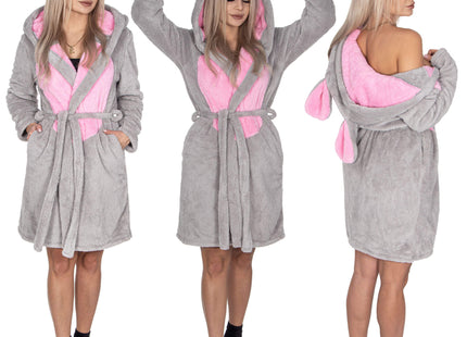Badjas - Fleece - Konijn - Capuchon - Lichtgrijs - Riem - Maat M/L