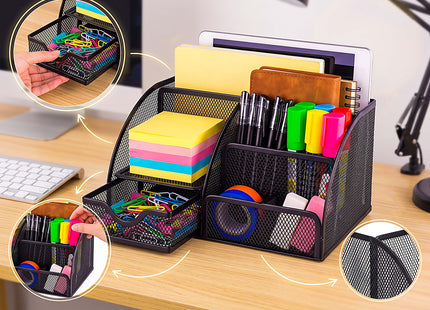 Springos® Bureau Organizer Zwart – Metalen Pennenhouder met 6 Vakken en Uitschuifbare Lade – Bureau Opberger voor Kantoorartikelen – 22 x 14 x 13 cm