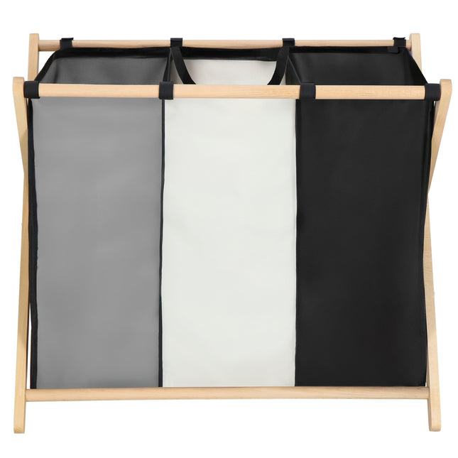Wasmand - Opvouwbaar - Beukenhout - Polyester - 3 Vakken - 105 L - Zwart - Grijs - Ecru