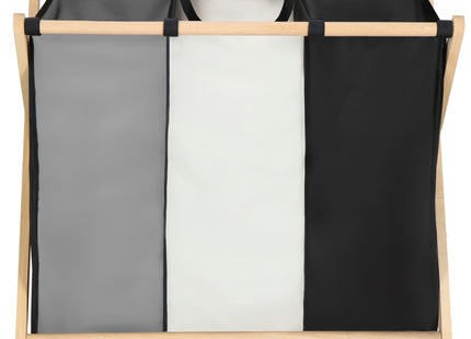 Wasmand - Opvouwbaar - Beukenhout - Polyester - 3 Vakken - 105 L - Zwart - Grijs - Ecru