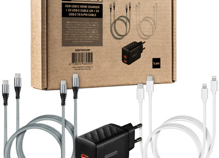 A-DAPT® Oplaadset 45W USB-C Thuislader met USB-C & 8-PIN Kabels - Geschikt voor iPhone, iPad & Android - Hoogwaardig alternatief voor originele opladers