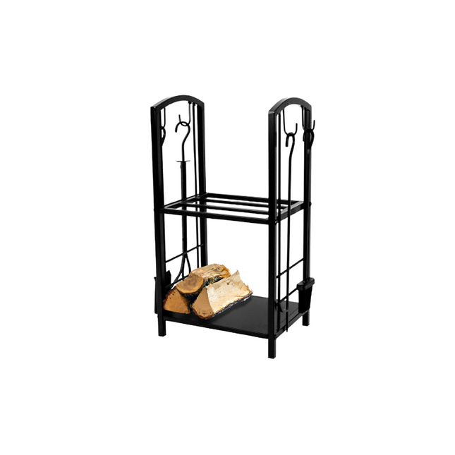 Brandhout Rek - 2 Opbergniveaus - Haardhout - Inclusief gereedschap - Metaal - Zwart - 30,5 x 40,6 x 74,5 Cm