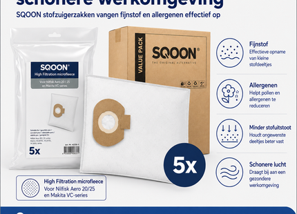 SQOON® Stofzuigerzakken Geschikt voor Nilfisk Alto / WAP / KEW AERO 20/25 & Makita VC2010 / VC2512 / VC3011 - 5 Stuks