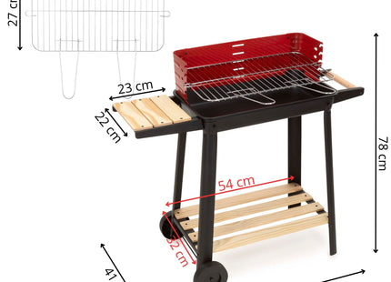 Houtskool barbecue -Op Wielen - BBQ - Asopvangbak - Kunststof - RVS - Zwart - Rood - Houtlook - 5 Standen