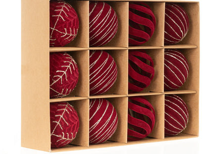 Kerstballen | 12 Stuks | 7,5 cm | Rood | Velours | 4 Designs