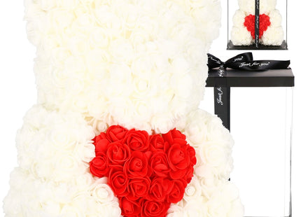 Rozen Beer | Rozenbeer | Rose Bear | Rozen Teddybeer | Liefde | Inclusief Giftbox | 36 x 26 x 26 cm | Wit/Rood