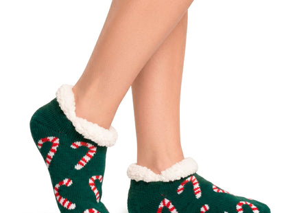 Kerstslippers – Donkergroen – Maat 37-41 – Warme Gevoerde Pantoffels met Antislip – Kerstmotief met Zuurstokken