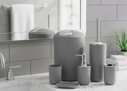 Badkameraccessoiresset - Prullenbak - Toiletborstel - Zeepdispencer - Tandenborstelbeker - Zeepbak - Mok - Grijs