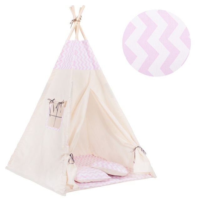 Tipi Tent | Wigwam Speeltent | 120x100x180 cm | Met Mat en Kussens | Naturel Roze | Visgraat