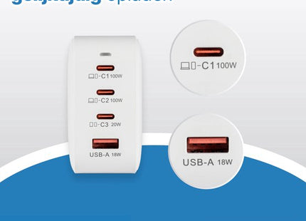 Thuislader 4 POORT - geschikt voor Apple iPhone - Samsung - Xiaomi - Oppo - 100 W 3x USB-C PD + USB QC 3.0 - 3x USB-C | 1x USB-A