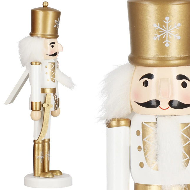 Notenkraker Kerst | Houten Soldaat | Kerstversiering | Goud/Wit | 30 cm
