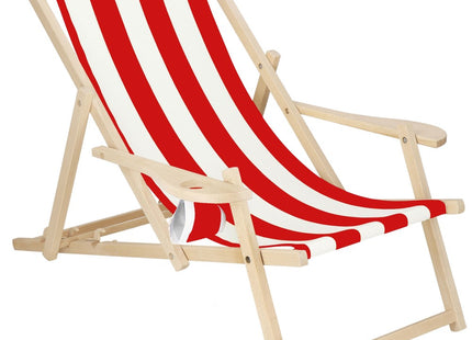 Ligbed | Strandstoel | Ligstoel | Verstelbaar | Armleuningen | Beukenhout | Handgemaakt | Rood/Wit