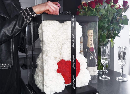 Rozen Beer | Rozenbeer | Rose Bear | Rozen Teddybeer | Liefde | Inclusief Giftbox | 36 x 26 x 26 cm | Wit/Rood
