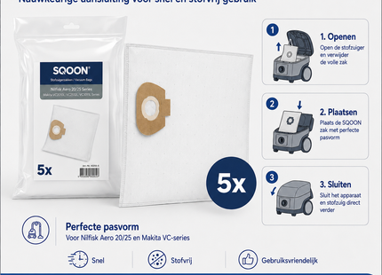 SQOON® Stofzuigerzakken Geschikt voor Nilfisk Alto / WAP / KEW AERO 20/25 & Makita VC2010 / VC2512 / VC3011 - 5 Stuks