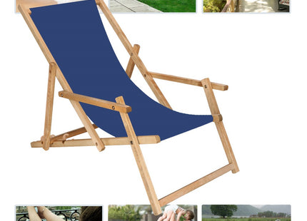 Ligbed | Strandstoel | Ligstoel | Verstelbaar | Arm Leuning | Beukenhout | Geïmpregneerd | Handgemaakt | Marineblauw