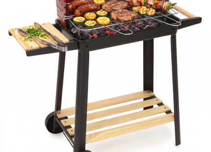 Houtskool barbecue -Op Wielen - BBQ - Asopvangbak - Kunststof - RVS - Zwart - Rood - Houtlook - 5 Standen