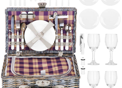 Picknickmand -  Servies - 4 Persoons - Thermisch - Riet - Grijs - 42 x 27 x 20 cm