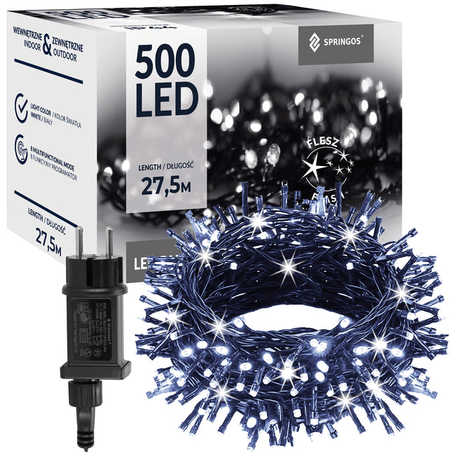 IJspegel Verlichting | 25 m + 2.5 m Snoer | 500 LED | Koel Wit | Inclusief Flitsfunctie | Zwart
