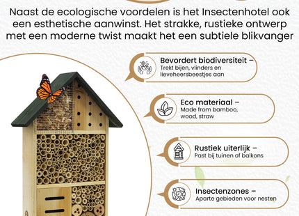 Insectenhotel - Vlinderhotel - Bijenhotel - Duurzaam - Decoratie - Hout - 10 x 30 x 50 Cm