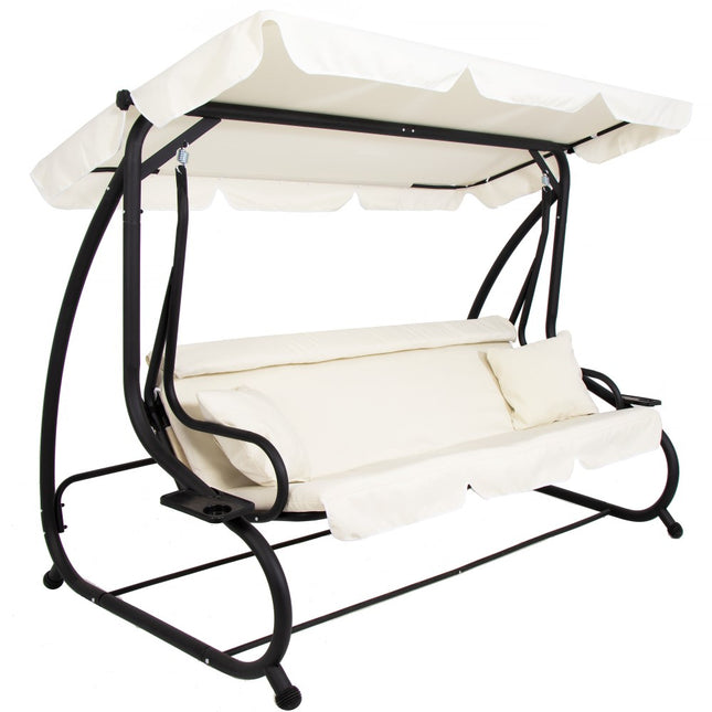 Schommelbank | 3-zits | Waterafstotend | Inclusief 2 Kussens | Verstelbare Luifel | Met klamboe | 243 x 120 x 160 cm | Crème