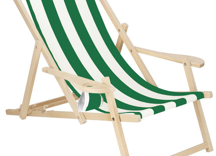 Ligbed | Strandstoel | Ligstoel | Verstelbaar | Armleuningen | Beukenhout | Handgemaakt | Groen/Wit