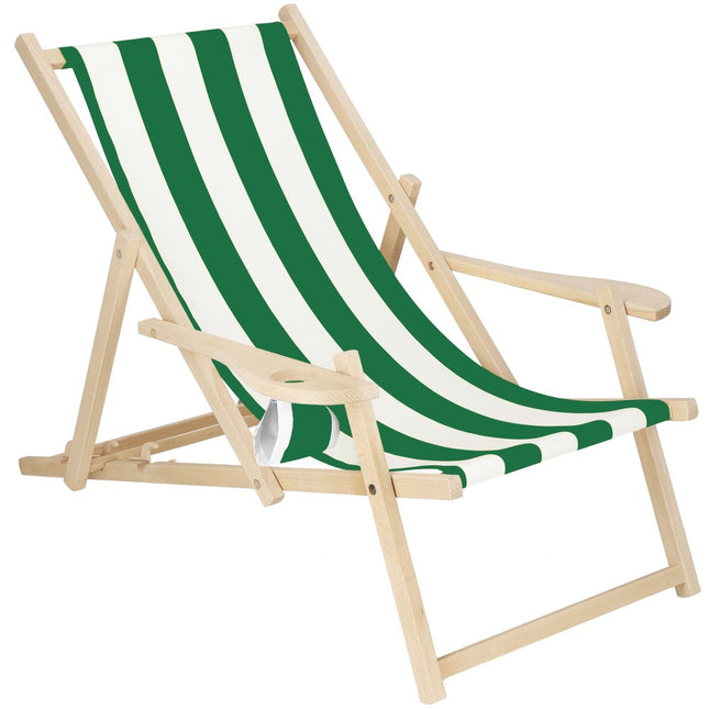 Ligbed | Strandstoel | Ligstoel | Verstelbaar | Armleuningen | Beukenhout | Handgemaakt | Groen/Wit