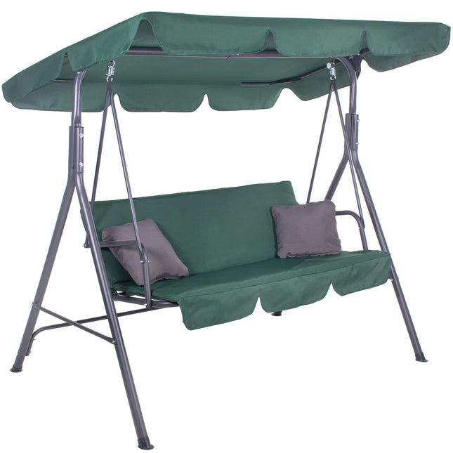 Schommelbank | Venezia-Schommel | 3-zits | Waterafstotend | Inclusief 2 Kussens | Verstelbare Luifel | 125 x 170 x 150 cm | Groen