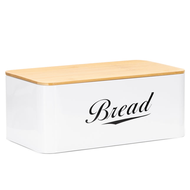 Broodtrommel Voor Op Het Aanrecht - Broodmand - Metaal - Bamboe Deksel - Wit - 30 X 23 X 13 CM
