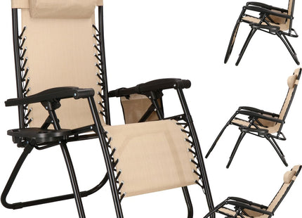 Tuinstoel | Ligstoel | Opvouwbaar | Verstelbaar | Ergonomische Hoofdsteun | Licht Beige/Zwart