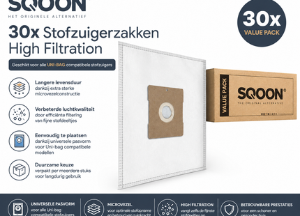 SQOON® Stofzuigerzakken geschikt voor o.a. Inventum SZ300, ST306,ST307,ST308, Sauber, Waves, Gamma - High Filtration | 30 stuks