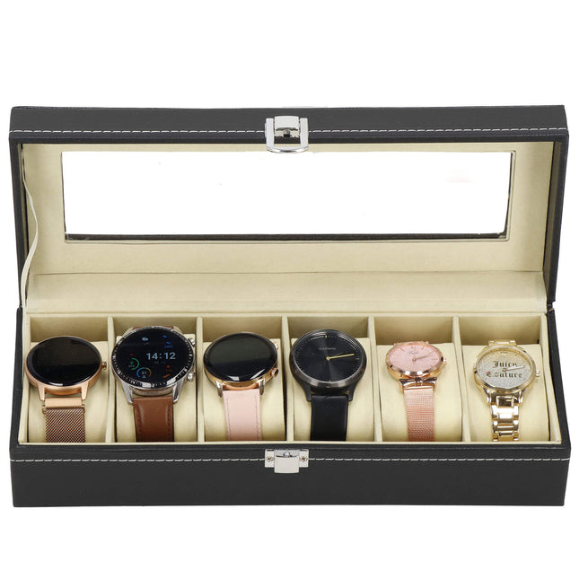 Horlogedoos - Horlogebox - Horlogeopberger -  Suède - Zwart - Creme - 6 Horloges