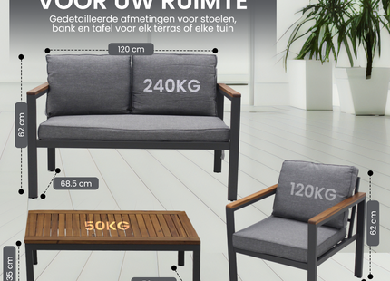 Tuinset - 4 Delig - Stoelen - Bank - Tafel - Bank - Grijs/Bruin