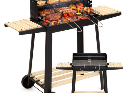 Houtskool barbecue -Op Wielen - BBQ - Asopvangbak - Kunststof - RVS - Zwart - Houtlook - 5 Standen