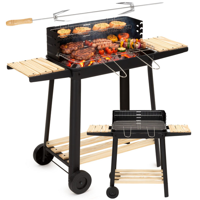 Houtskool barbecue -Op Wielen - BBQ - Asopvangbak - Kunststof - RVS - Zwart - Houtlook - 5 Standen