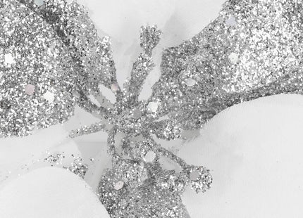 Kunstbloem Met Clip- Poinsettiatak - Ster van Bethlehem - Wit/Zilver - Glitters