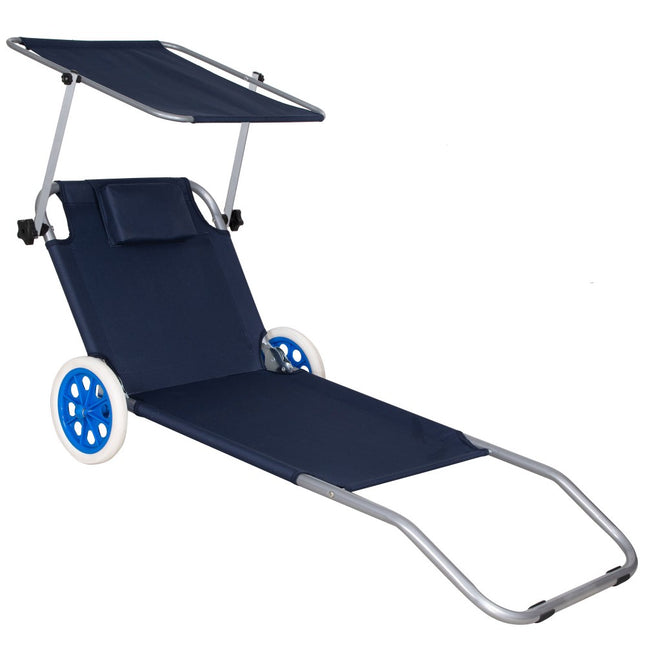 Ligbed | Ligstoel | Strandstoel | Zonnebed | Verrijdbaar | Inclusief Luifel | Donkerblauw