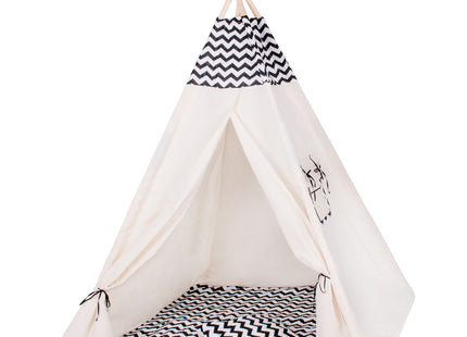 Tipi Tent | Wigwam Speeltent | 120x100x180 cm | Met Mat en Kussens | Naturel Zwart | Golven