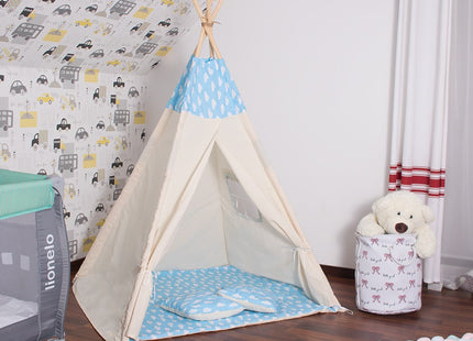 Tipi Tent | Wigwam Speeltent | 120x100x180 cm | Met Mat en Kussens | Naturel Blauw | Wolken